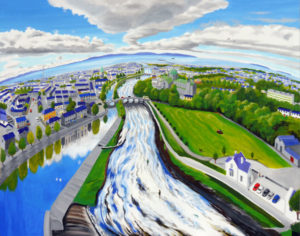 A drones view of Galway painting by Ted Turton